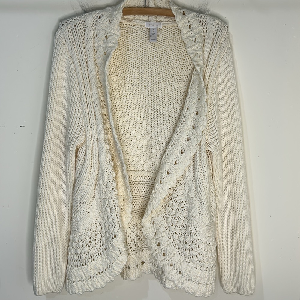 Chico's Ivory Cable Knit Open-Front Cardigan